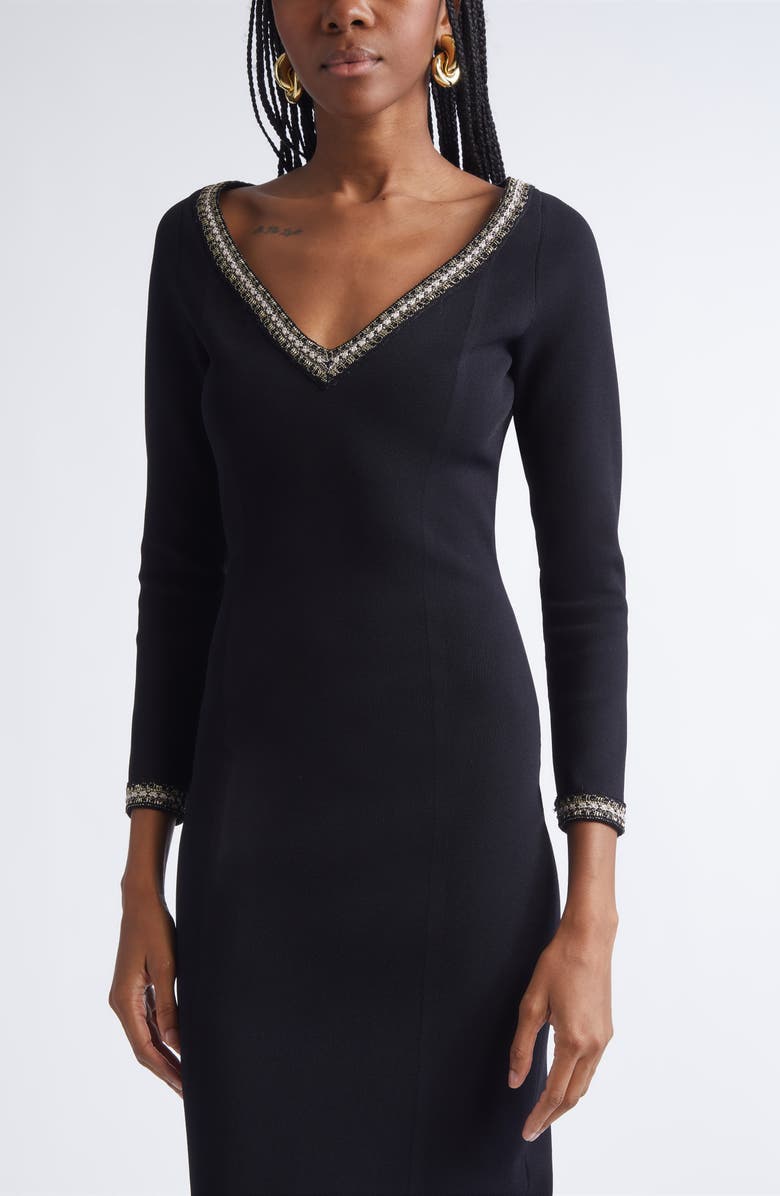 ST. JOHN Imani Braided Trim Knit Midi Dress, Alternate, color, Black/ Gold