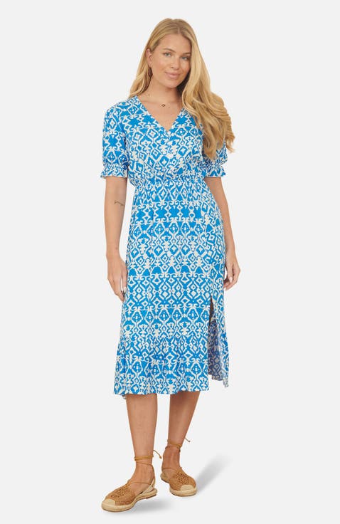Geometric Print Puff Sleeve Midi Dress