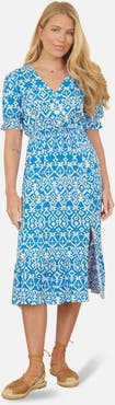 Yumi Geometric Print Puff Sleeve Midi Dress