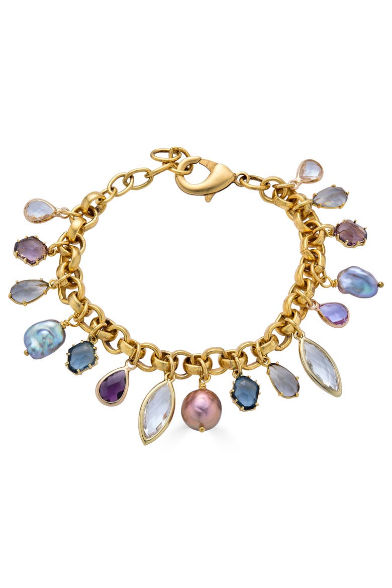 Colorful Gemstone and Pearl Charm Bracelet, Main, color, Gold