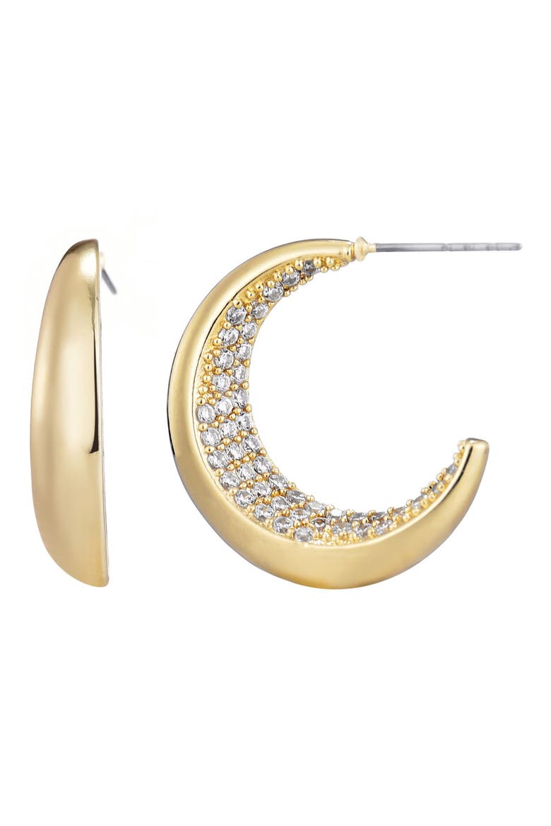 Pavé Crystal Lined Crescent Hoop Earrings, Main, color, GOLD