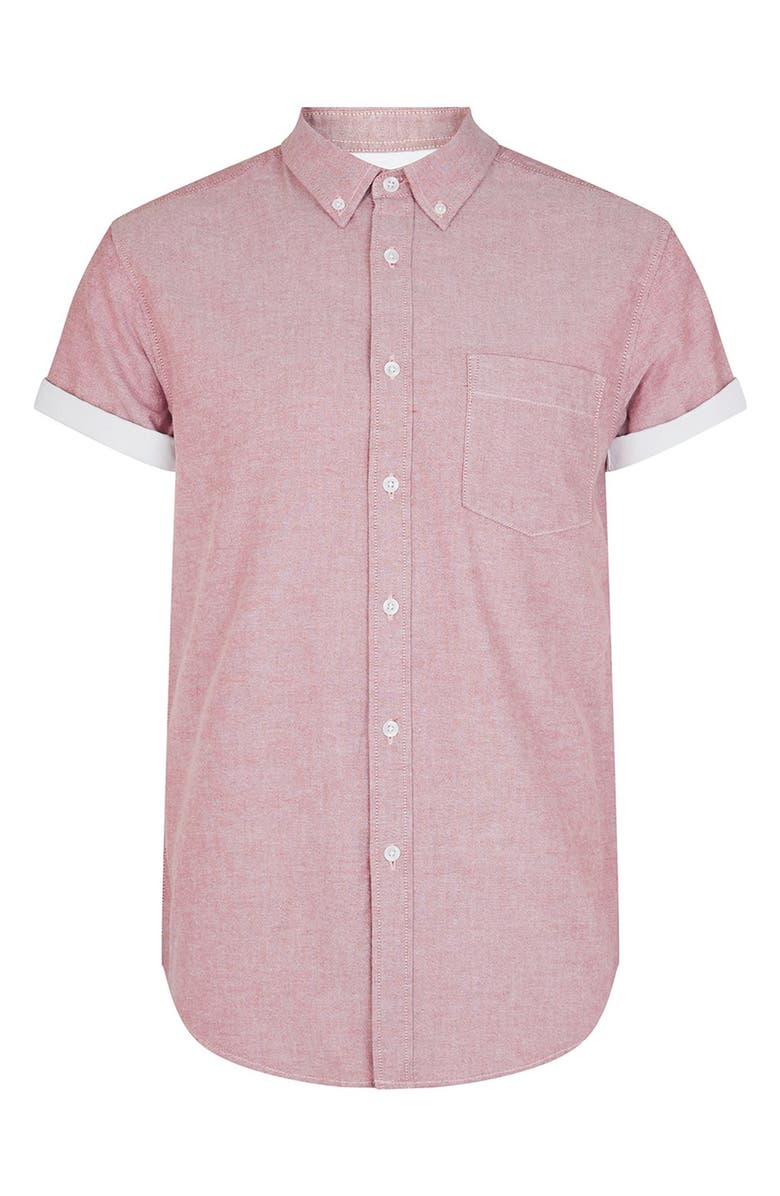Topman Slim Fit Contrast Cuff Short Sleeve Oxford Shirt, Alternate, color,