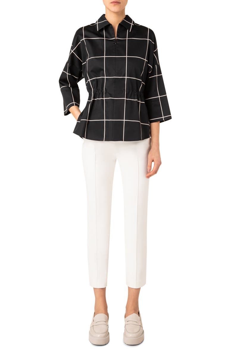 Akris punto Windowpane Drawstring Waist Cotton Sateen Blouse, Alternate, color,
