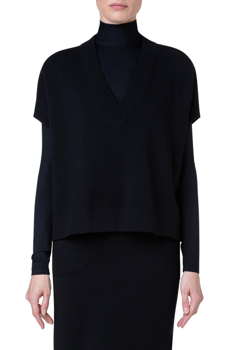 Oversize Short Sleeve V-Neck Wool Sweater, Main, color, 009 BLACK