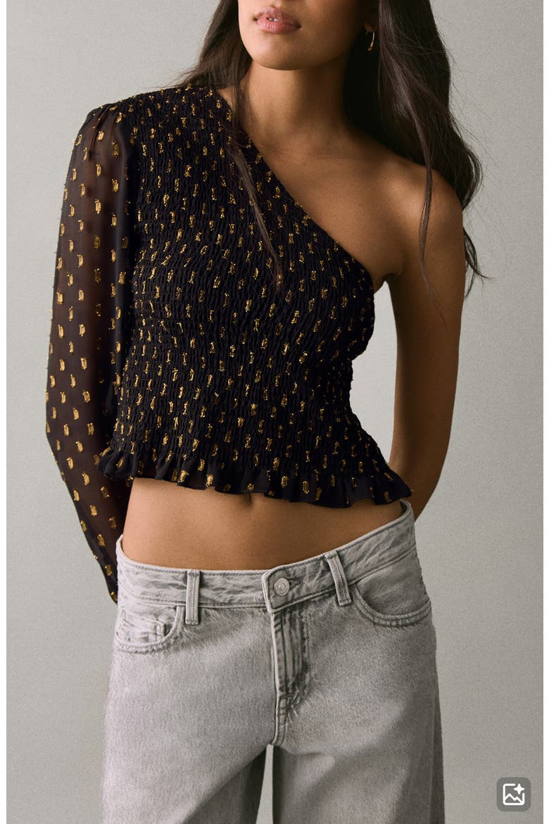 Smocked Print One-Shoulder Crop Top, Main, color, BLACK