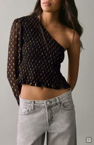 MANGO TEEN Smocked Print One-Shoulder Crop Top