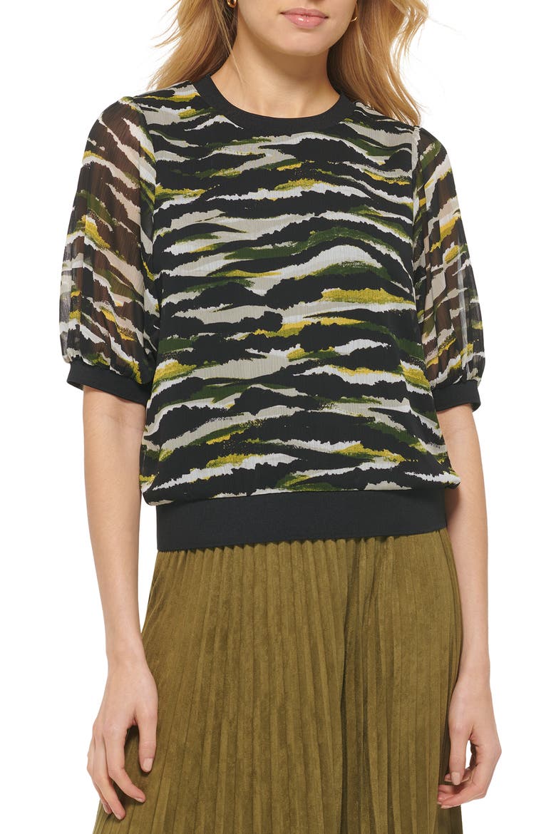 Abstract Print Puff Sleeve Top, Main, color, BLACK CADET GREEN MULTI