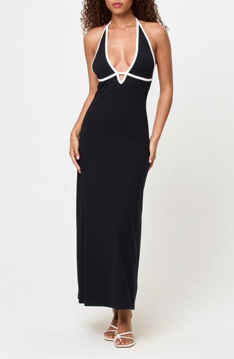 Shea Contrast Binding Halter Rib Maxi Cover-Up Dress