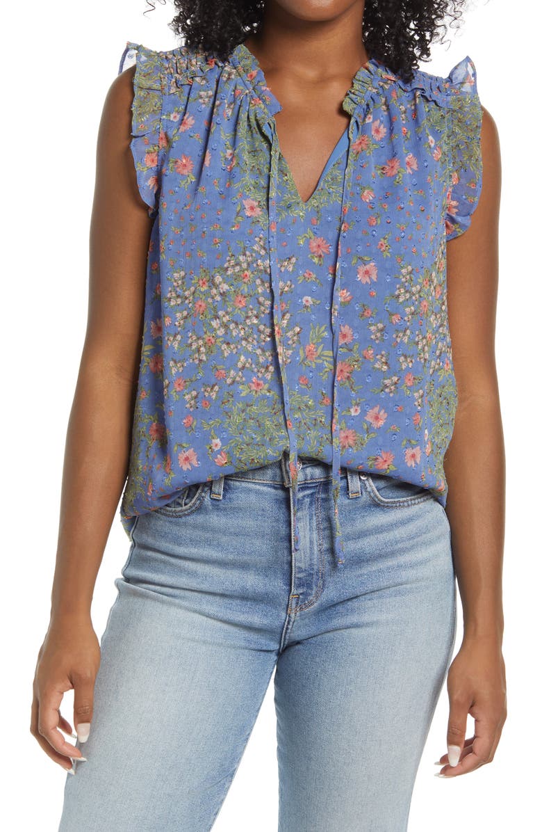 GIBSONLOOK Ruffle Tie Neck Floral Blouse, Main, color, 