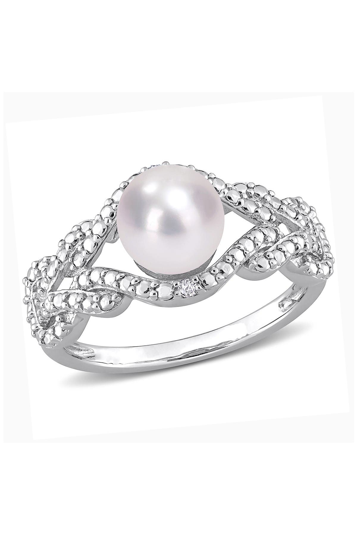 DELMAR 7.5mm Cultured Freshwater Pearl & Diamond Ring - 0.02ct.