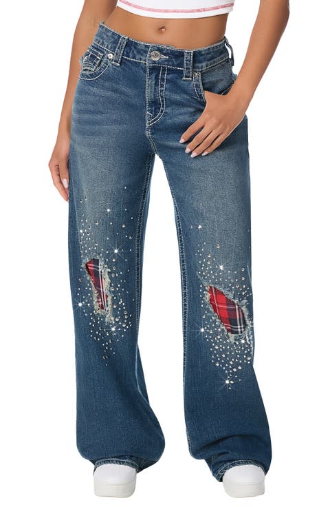 Bobbi Flat Big T Crystal Plaid Flare Jeans
