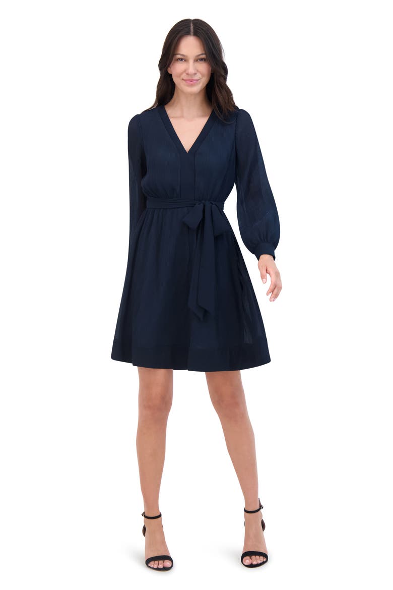 Long Sleeve Tie Belt A-Line Dress, Alternate, color, NAVY