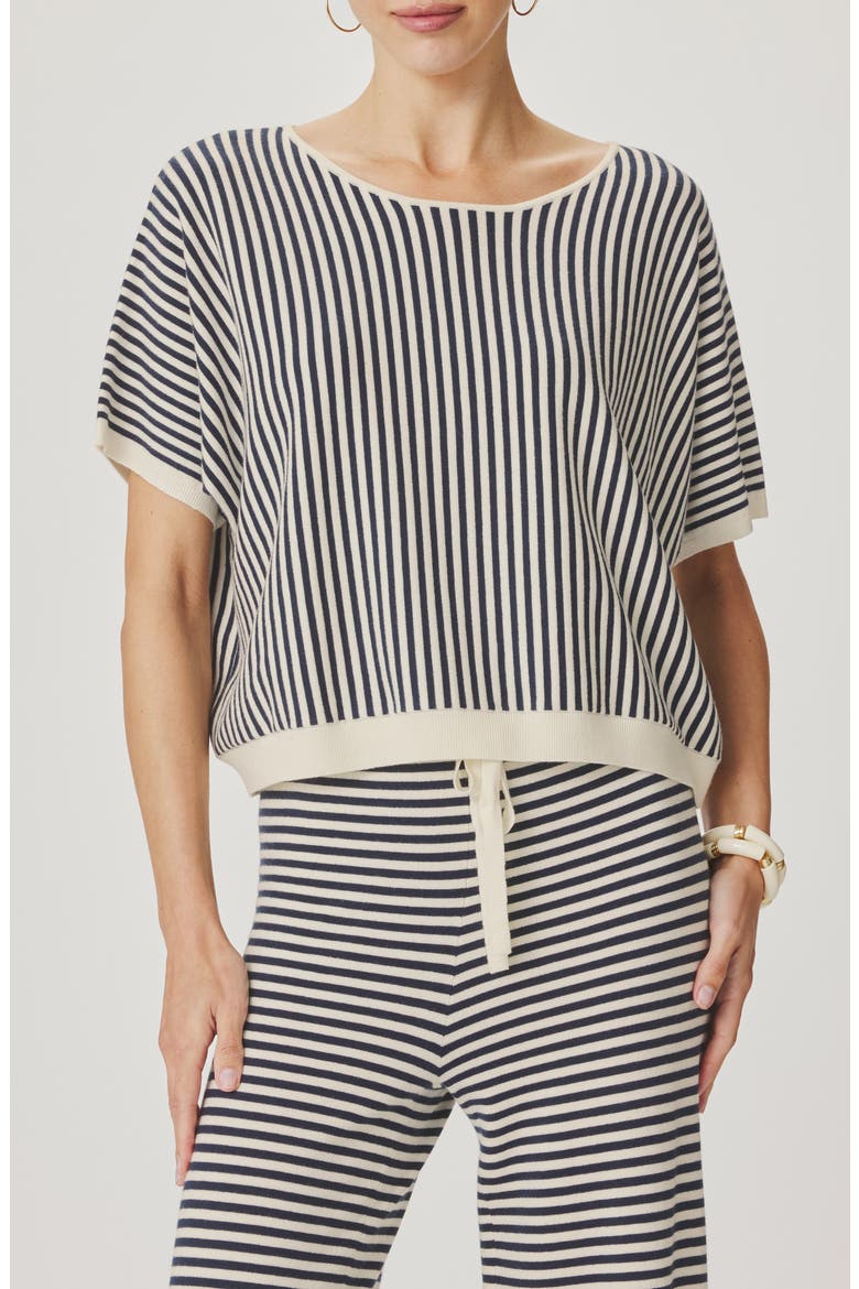 Christa Stripe Short Sleeve Sweater, Main, color, MOOD INDIGO BLUE/ WHITE