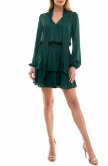 Socialite Tie Neck Long Sleeve Tiered Minidress