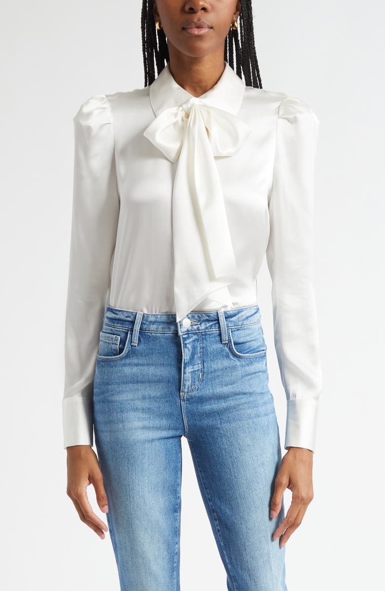 L'AGENCE Honey Silk Tie Neck Button-Up Shirt, Main, color, Ivory