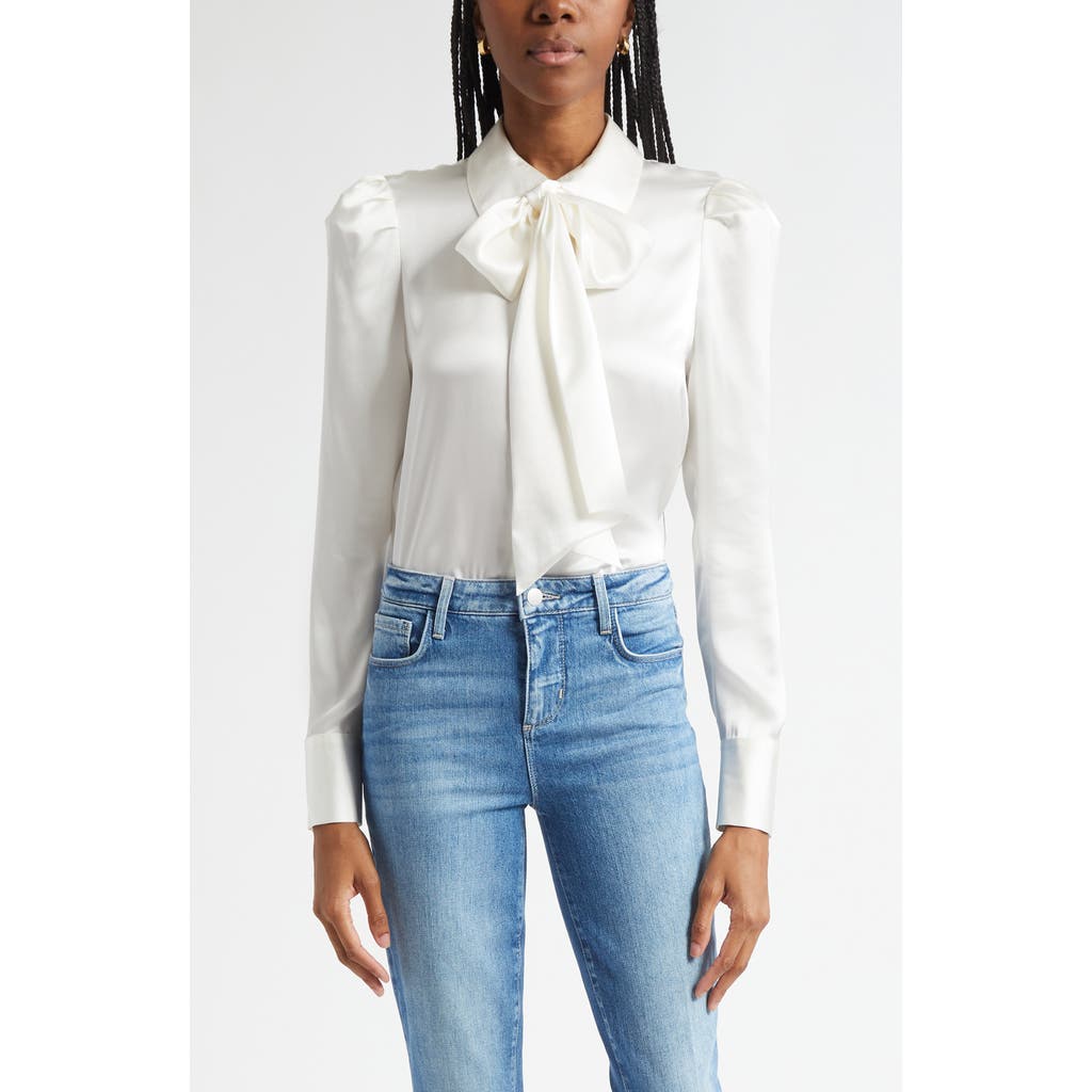 L'agence Honey Silk Tie Neck Button-up Shirt In White