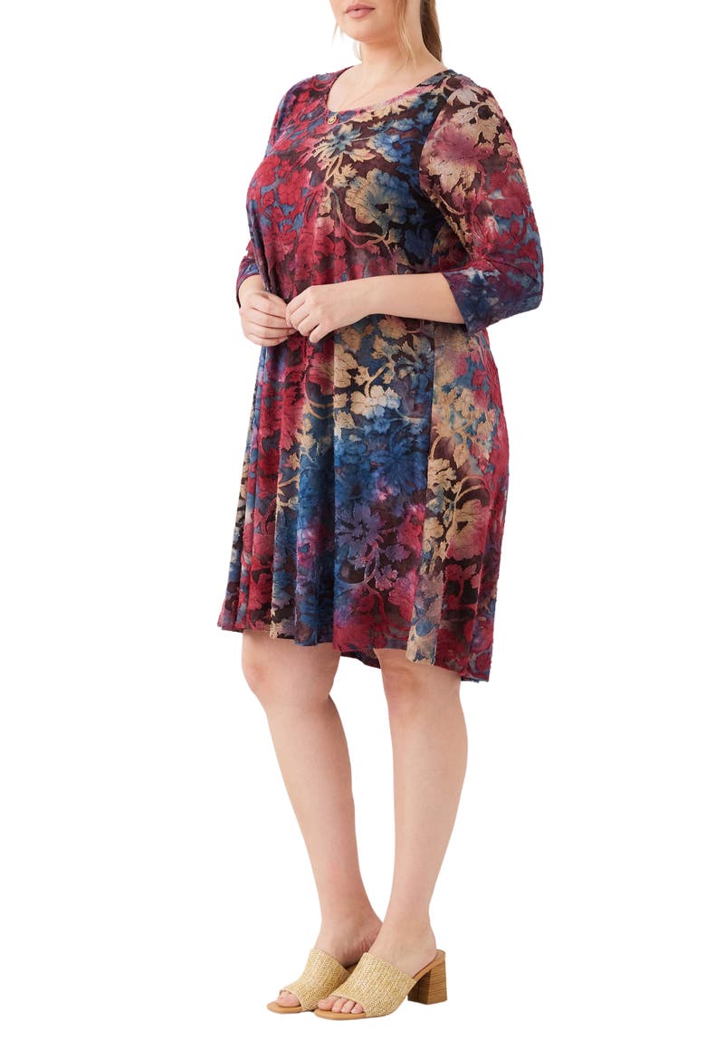 Maggie Floral Three-Quarter Sleeve Jersey Dress, Alternate, color, WINE