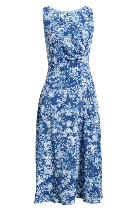 Floral Pleat Waist Sleeveless Midi Dress