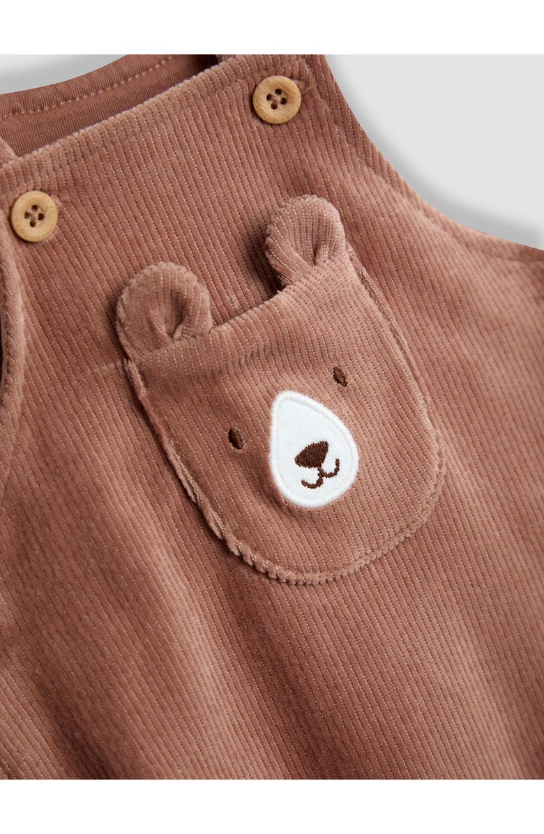 JOJO MAMAN BEBE Stripe Long Sleeve Bodysuit & Bear Appliqué Overalls Set, Alternate, color, Brown