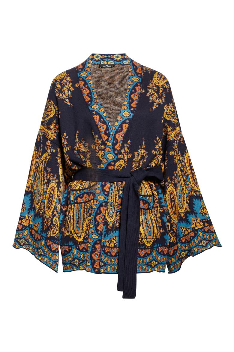 Paisley Jacquard Wrap Cardigan, Alternate, color, PRINT ON BLUE BASE