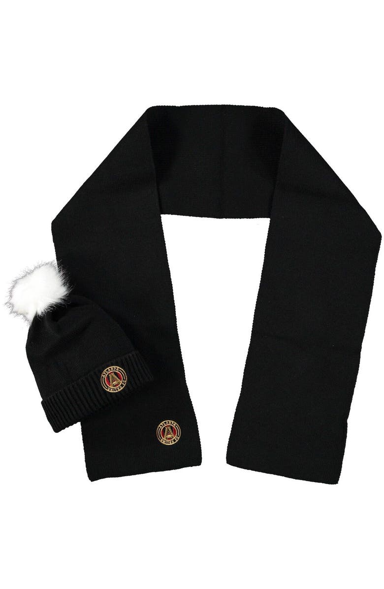 ZOOZATZ Atlanta United FC Fuzzy Cuffed Pom Knit Hat and Scarf Set, Main, color, Black