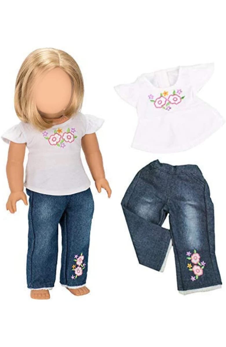 Dress Along Dolly Casual T-Shirt & Jeans 2pc Doll Outfit - Clothes & Accessories Compatible w 18" American Girl Dolls- Set Includes Jeans & Floral T Shirt, Gift Set, Alternate, color, White
