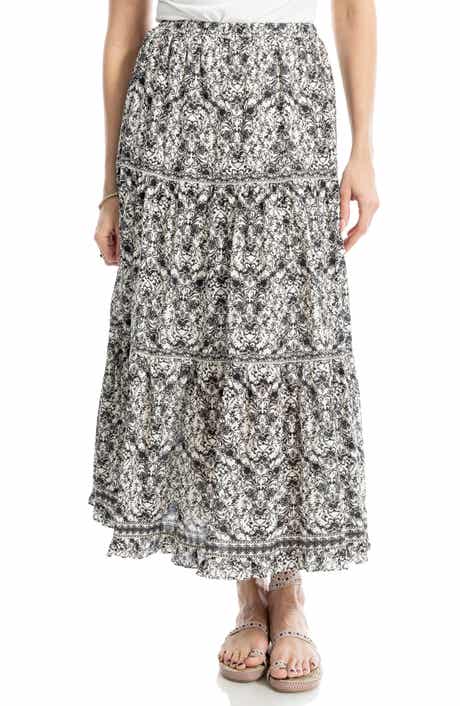 MAX STUDIO Floral Wreath Print Tiered Cotton Blend Maxi Skirt