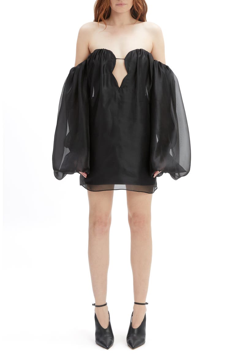 Freda Volume Off the Shoulder Long Sleeve Minidress, Main, color, BLACK