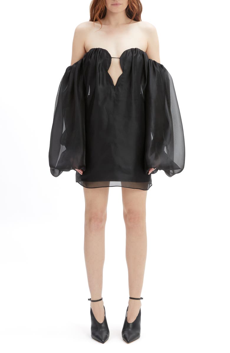 Bardot Freda Volume Off the Shoulder Long Sleeve Minidress, Main, color, Black