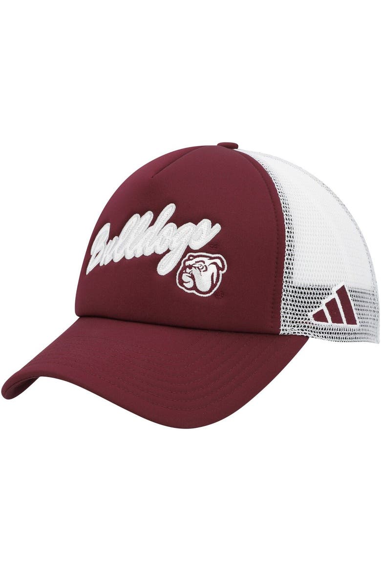Men's adidas Maroon Mississippi State Bulldogs Script Trucker Snapback Hat, Main, color, Maroon