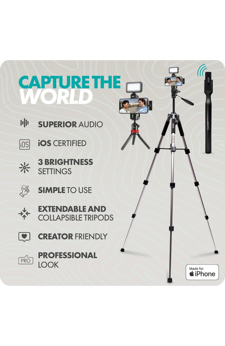 MOVO iVlogger Wireless Vlogging Kit with Fullsize Tripod for iPhone, Alternate, color, Black