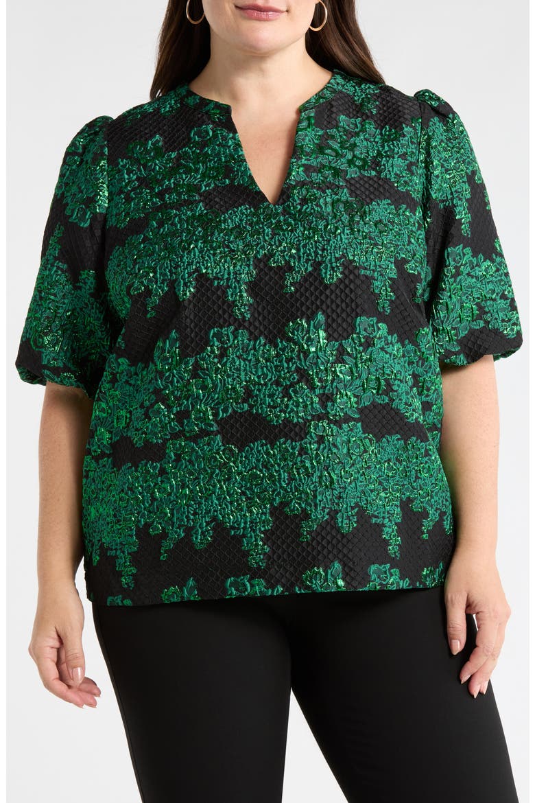 Elyna Jacquard Tavia Split Neck Top, Main, color, GREEN-BLACK