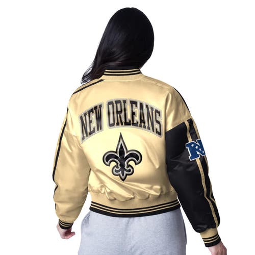 Starter Black/gold New Orleans Saints Zone Blitz Cropped Full-snap Satin Jacket In Multi