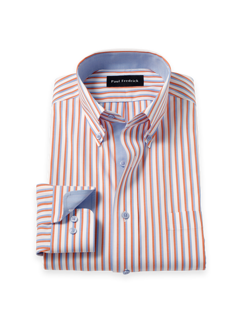 Cotton Spandex Buttondown Collar Pinpoint Classic Contrast Trim Button Cuff Long Sleeve
