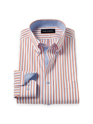 Paul Fredrick Cotton Spandex Buttondown Collar Pinpoint Classic Contrast Trim Button Cuff Long Sleeve
