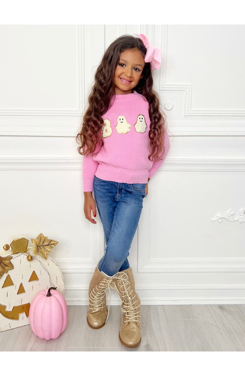 Mia Belle Girls Boo Ghost Halloween Sweater, Alternate, color, Pink