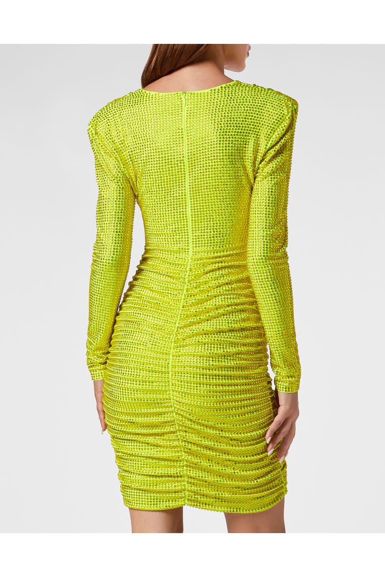 Padded Shoulder Mini Dress Ls Fluo Strass Women, Alternate, color, yellowfluo