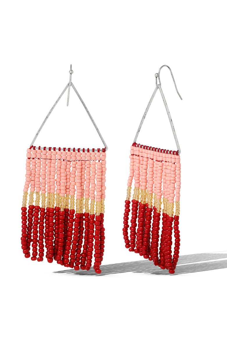 Pink and Red Ombre Beaded Fringe Earrings, Main, color, Pink/Red/Yellow