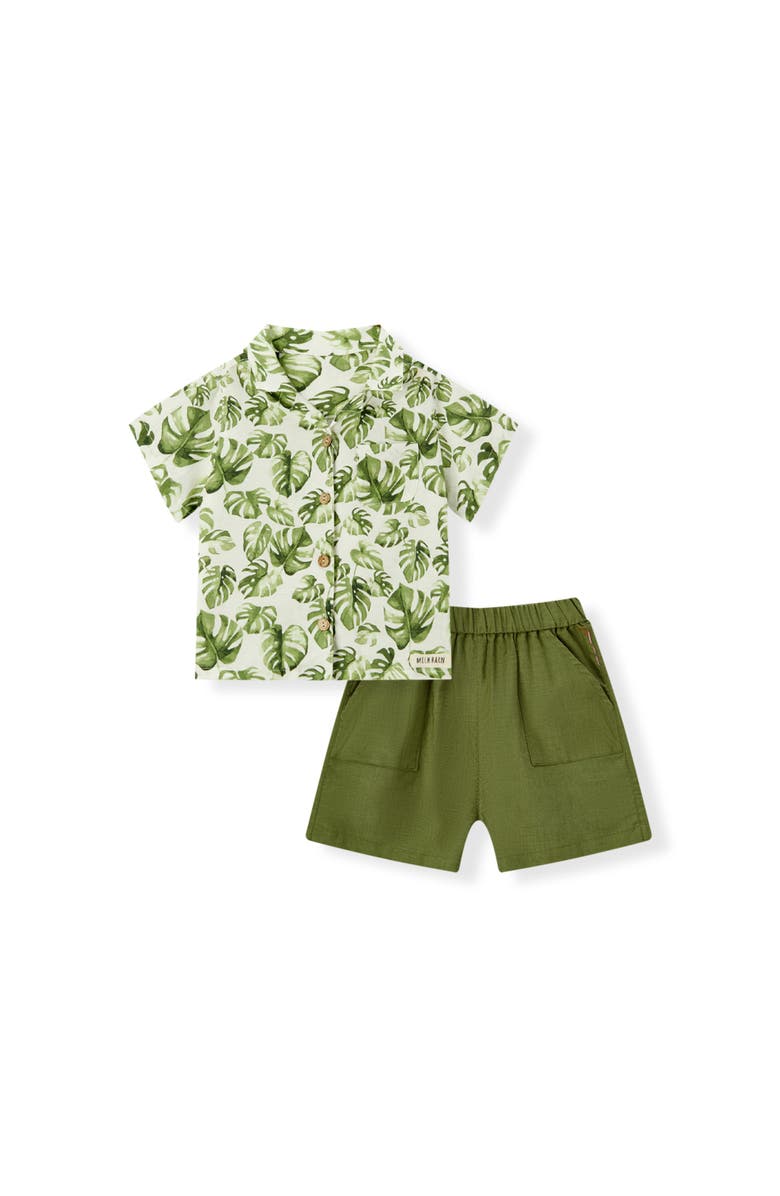 Milkbarn Linen Button-Up Shirt and Shorts Set, Main, color, Island Leaf