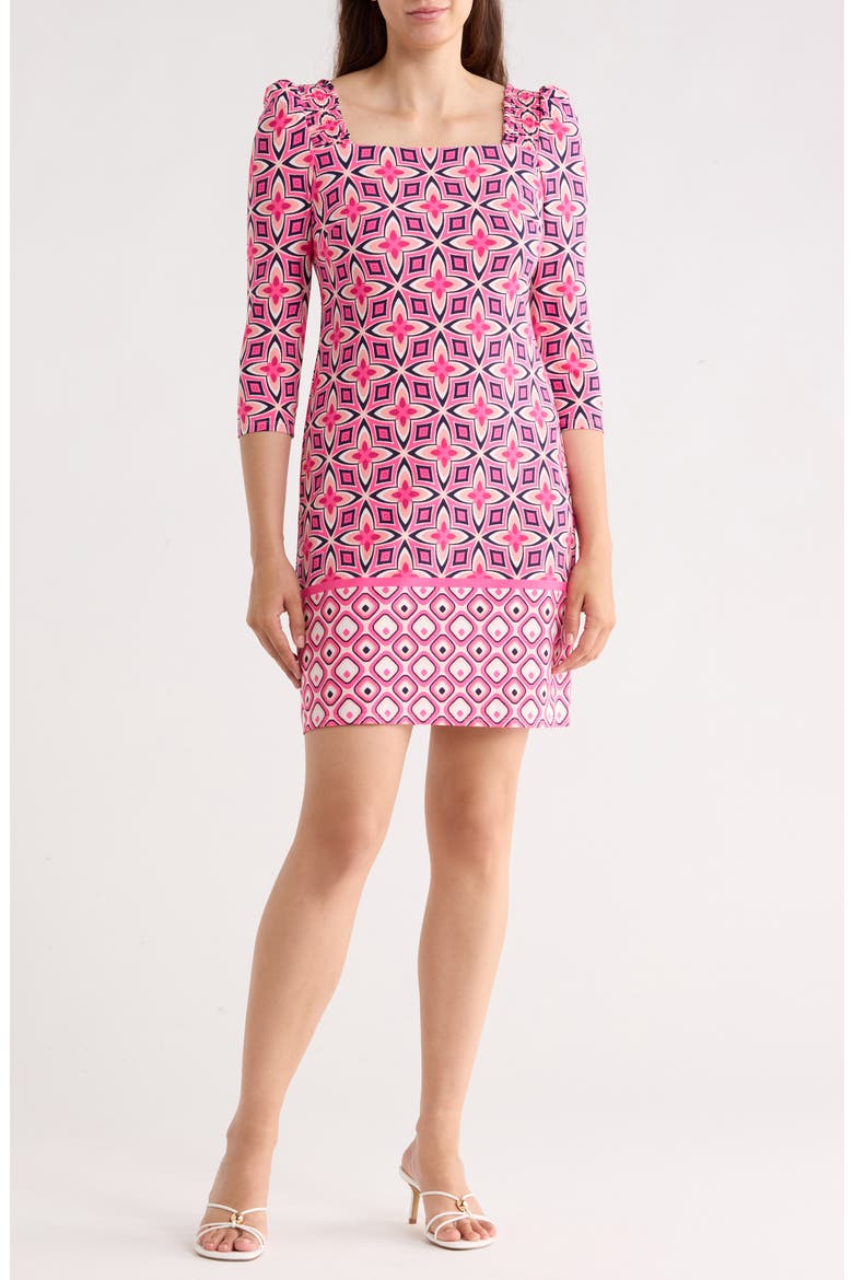 Geo Print Long Sleeve Shift Dress, Main, color, PINK