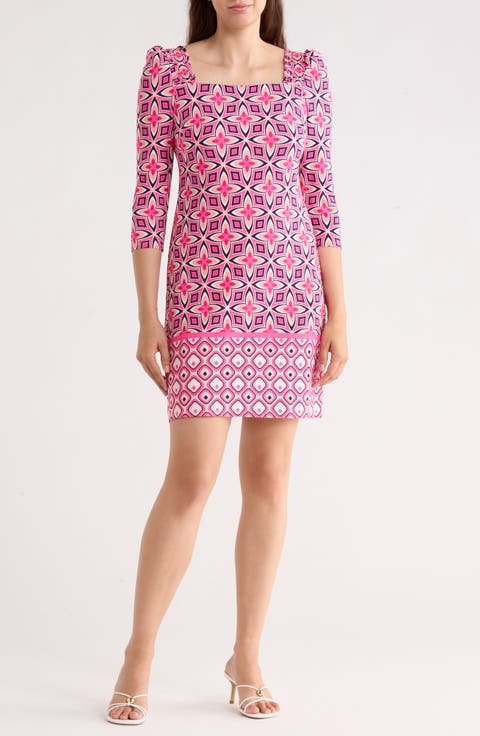 Geo Print Long Sleeve Shift Dress