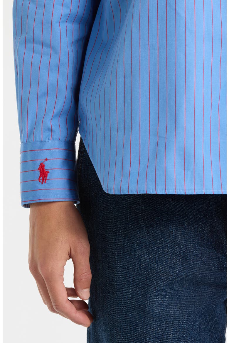 Stripe Button-Up Cotton Shirt, Alternate, color, BLUE-RED