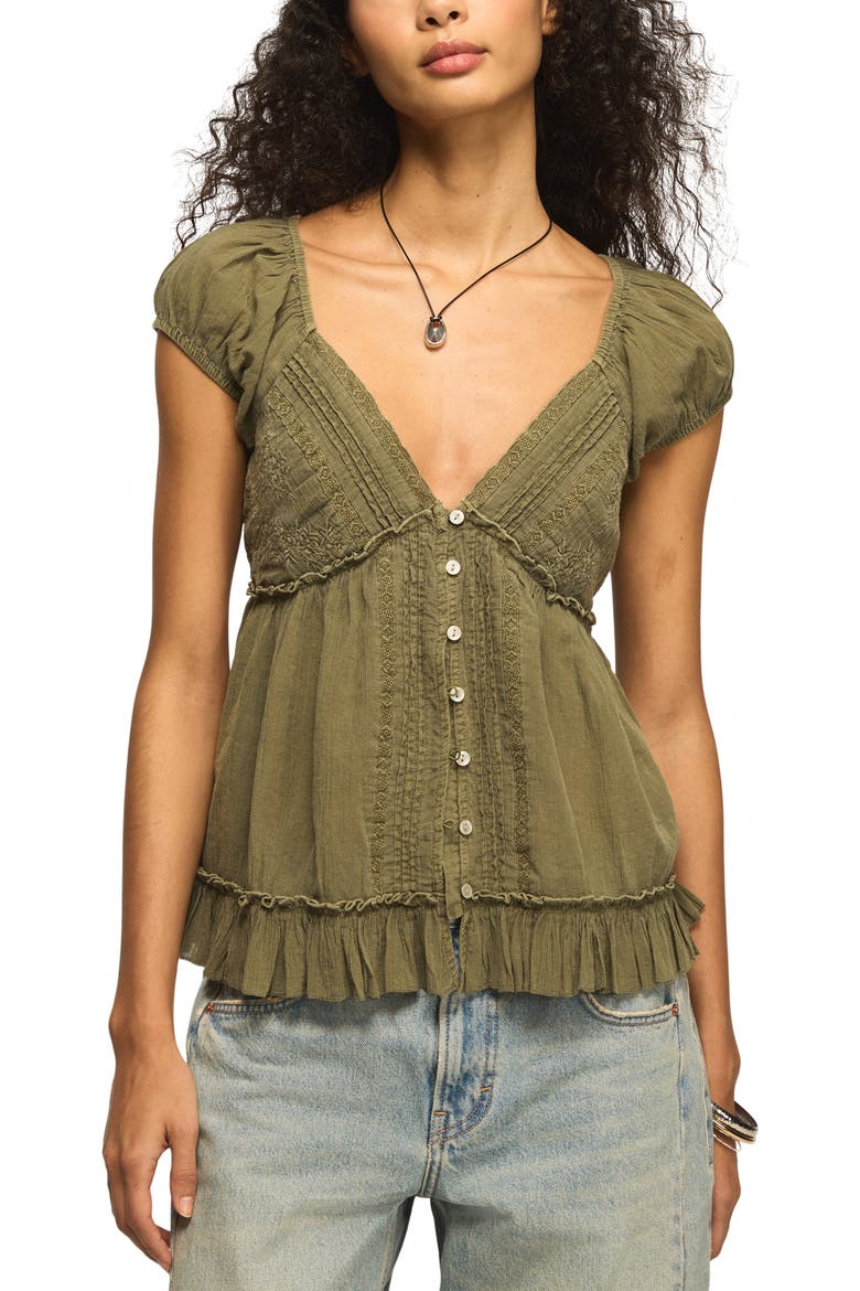 Pleated Lace Trim Plunge Neck Babydoll Top, Main, color, DUSTY OLIVE