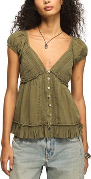 Lucky Brand Pleated Lace Trim Plunge Neck Babydoll Top