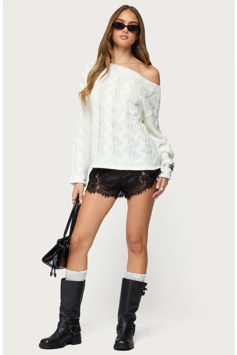 Nellie One-Shoulder Cable Stitch Sweater, Alternate, color, CREAM