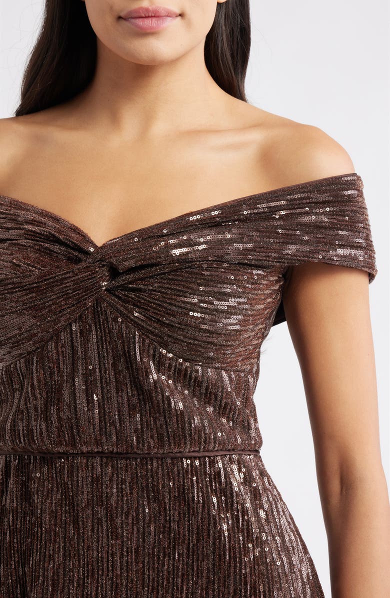 Eliza J Sequin Twist Off the Shoulder Gown, Alternate, color, Chocolate