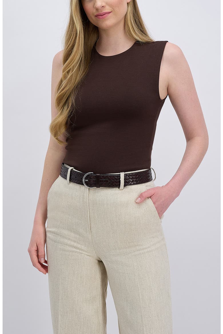 Woven Leather Belt, Alternate, color, DARK BROWN