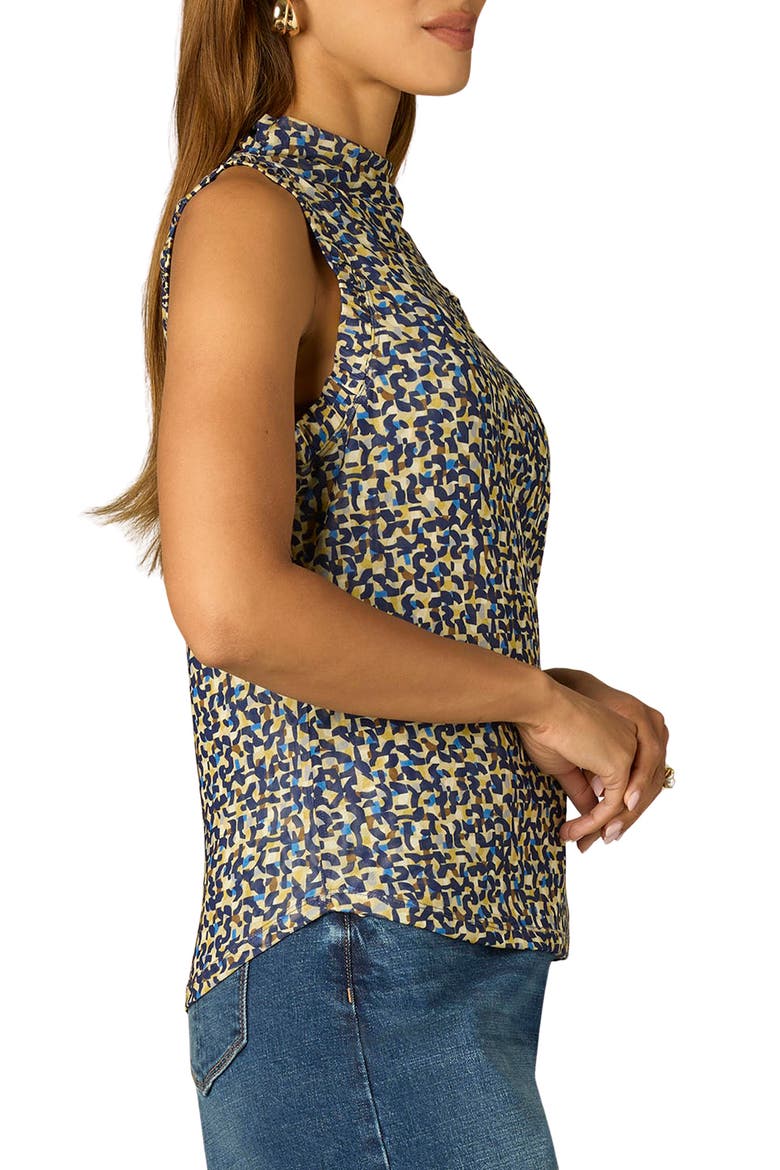 Print Mock Neck Sleeveless Top, Alternate, color, NAVY/ CHARTREUSE