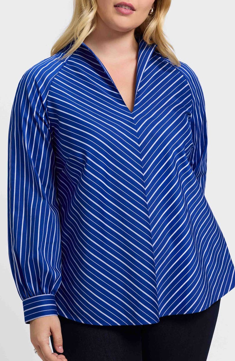 Foxcroft Daphne Stripe Stretch Cotton Blend Pullover Shirt, Main, color, Blue/ White