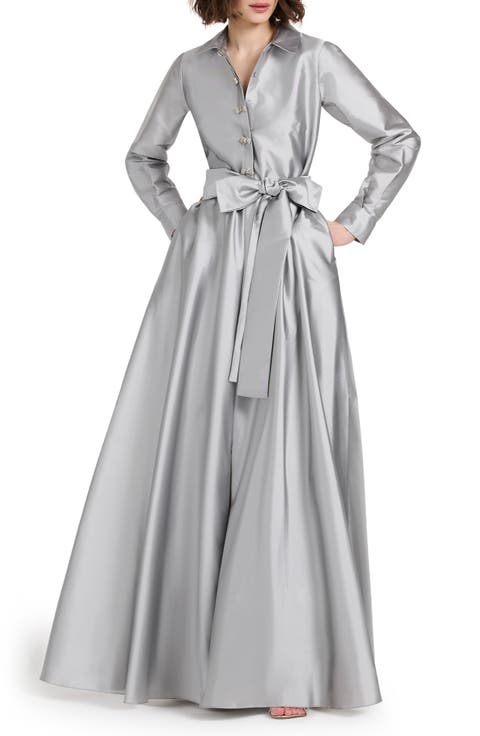 Crystal Bow Button Long Sleeve Taffeta A-Line Gown